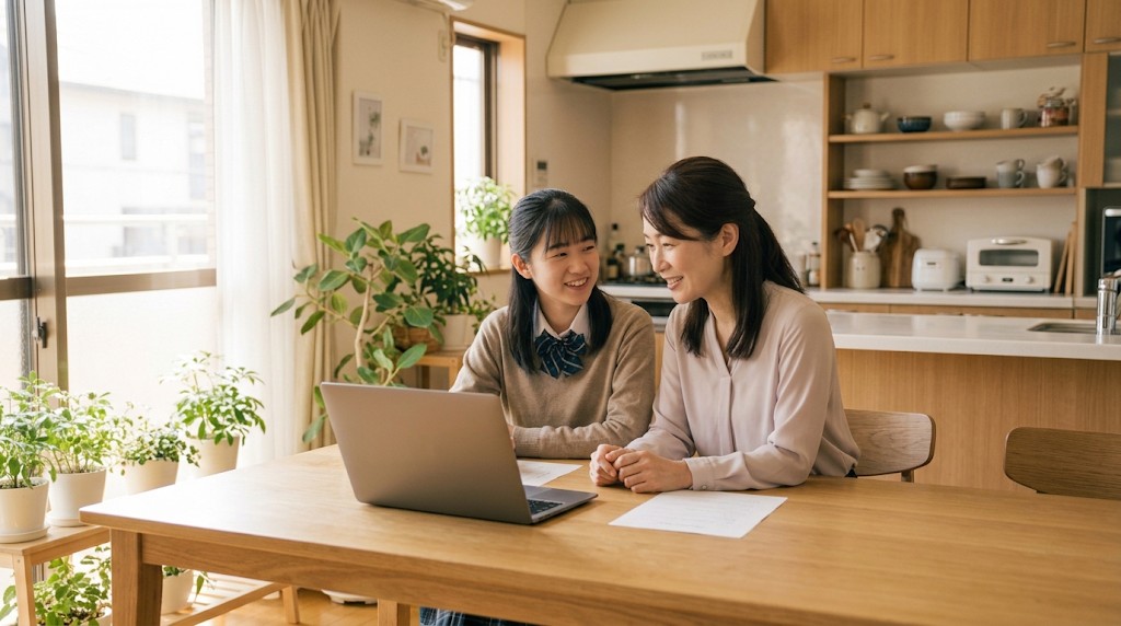 自宅でノートパソコンを見ながら話す母と娘