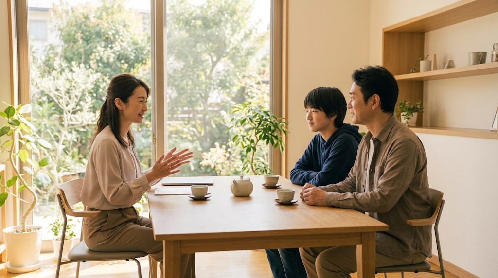 自宅のリビングで、相談員と話す高校生と保護者