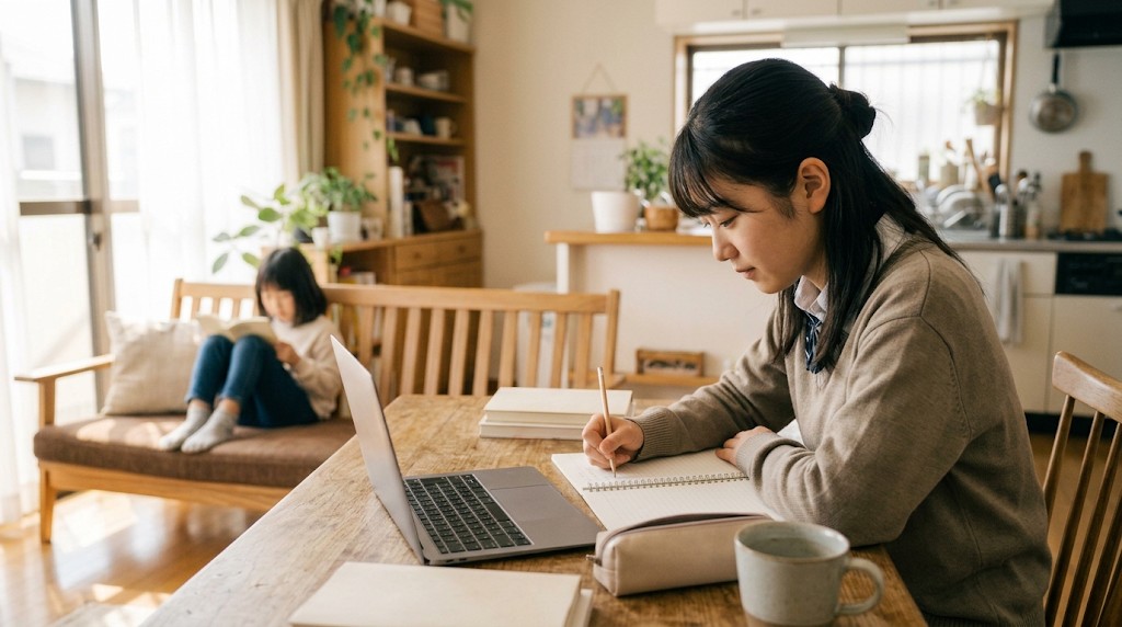 明るいリビングで、高校生の女の子がノートパソコンでオンライン授業を受けながらノートを取っている。奥のソファでは妹が本を読んでいる