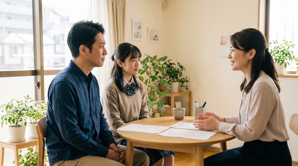 明るい相談室で、父親と高校生の娘が丸いテーブル越しに職員の説明を聞いている