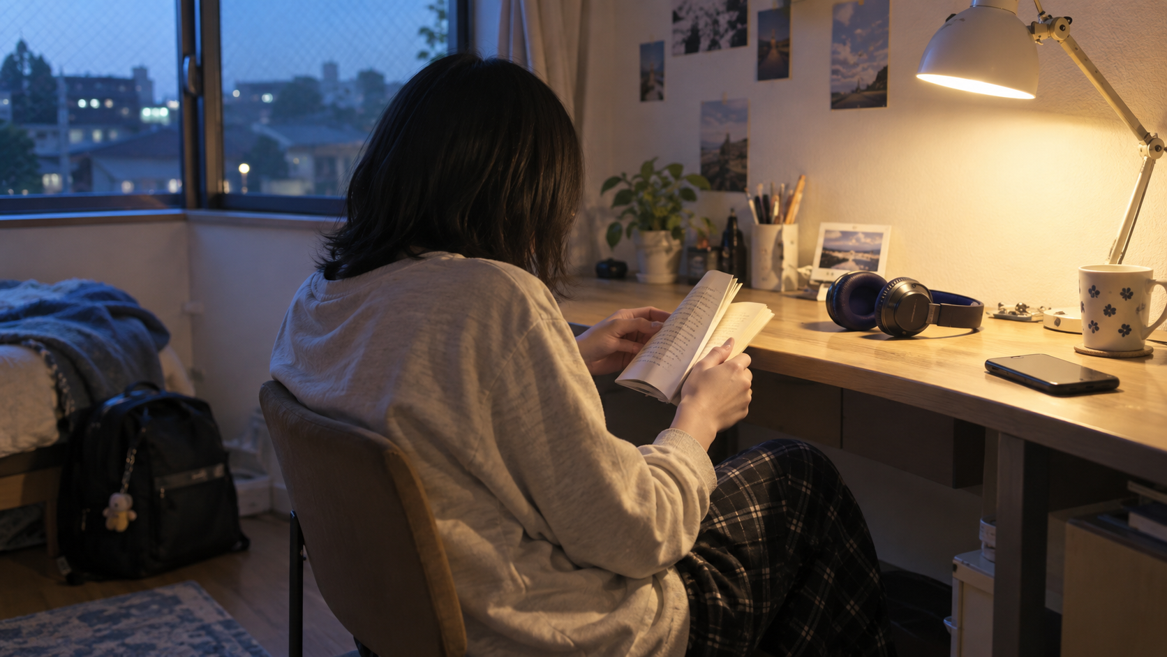 夕方の自分の部屋で、落ち着いて本を読む高校生