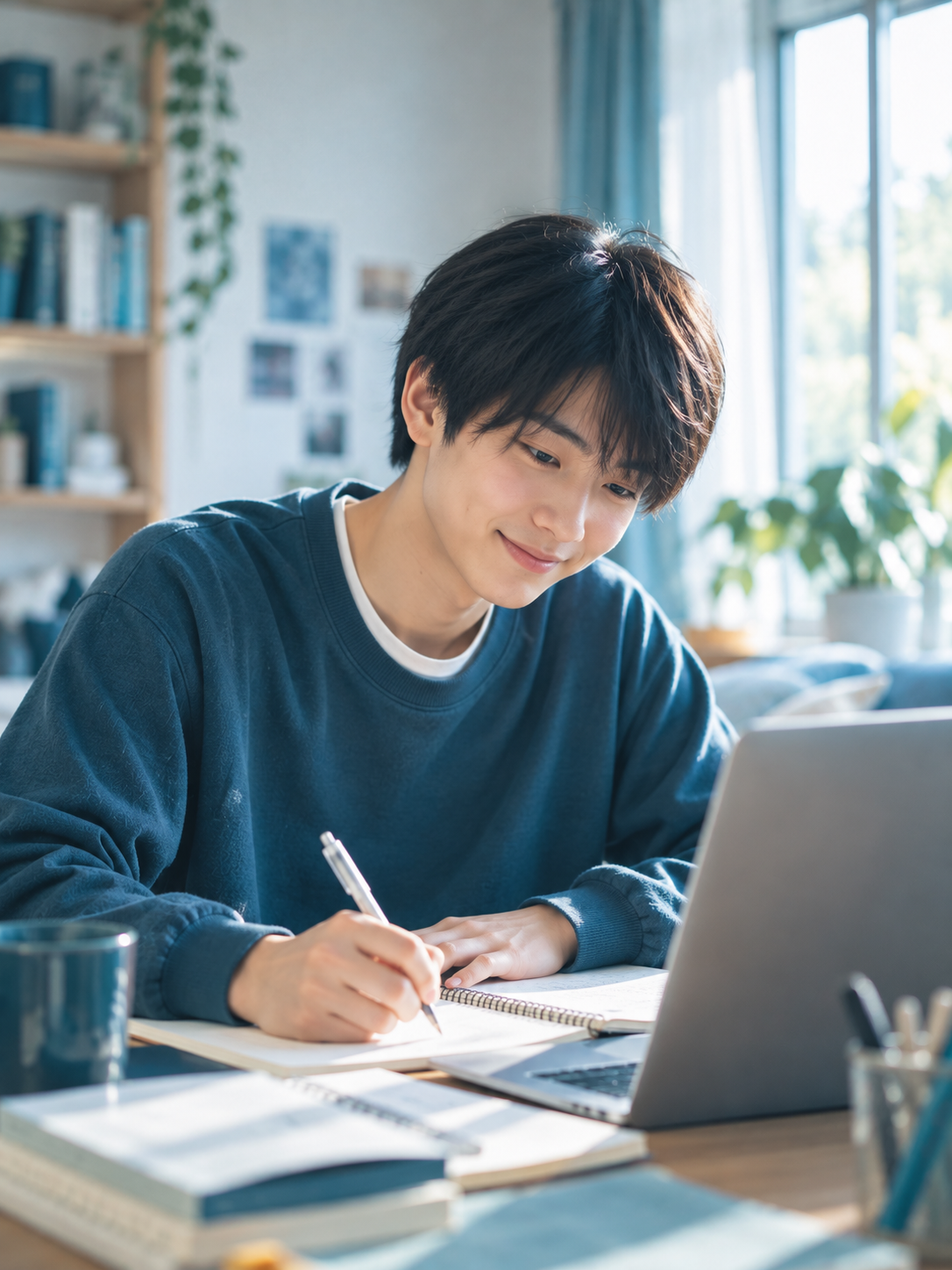 レポート用紙に手書きで書き込む高校生の手元