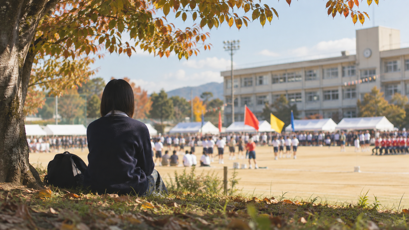 紅葉の木の下から、離れた場所で行われている体育祭を静かに眺める女子高校生