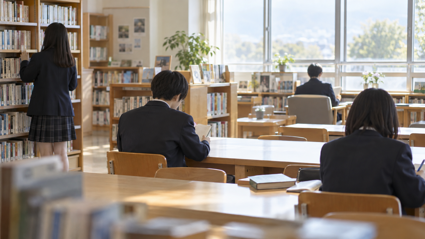 学校の図書室で、制服の高校生たちがそれぞれ本を読んだり勉強したりしている様子