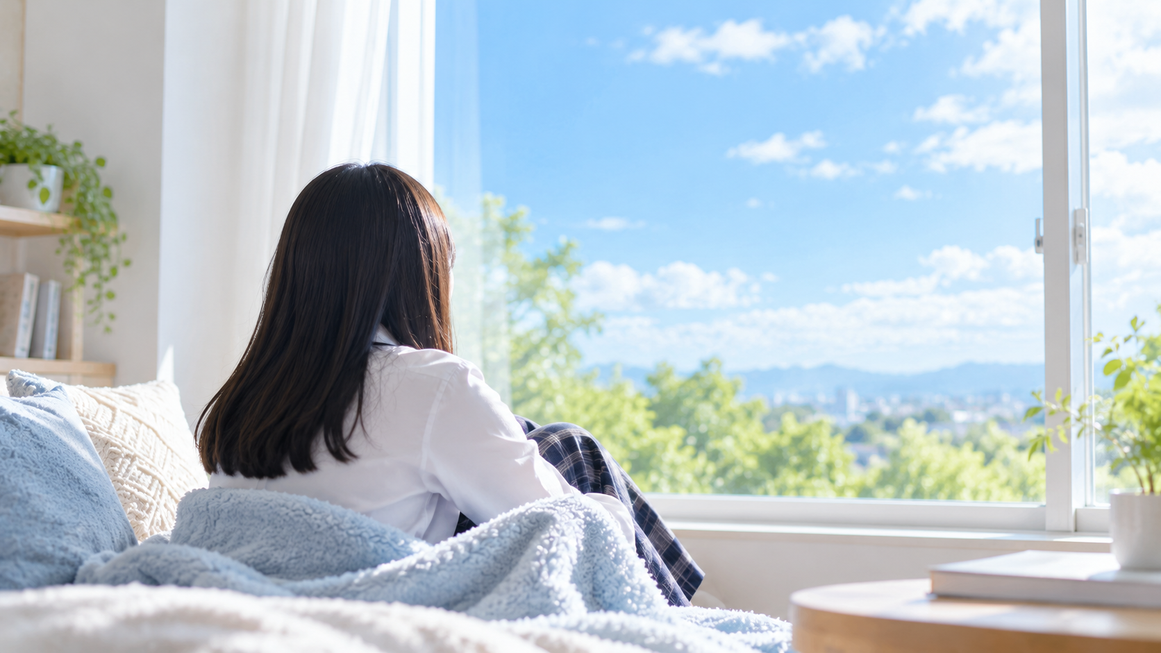 自分の部屋の窓辺で、毛布にくるまって外の景色を眺めて休む高校生