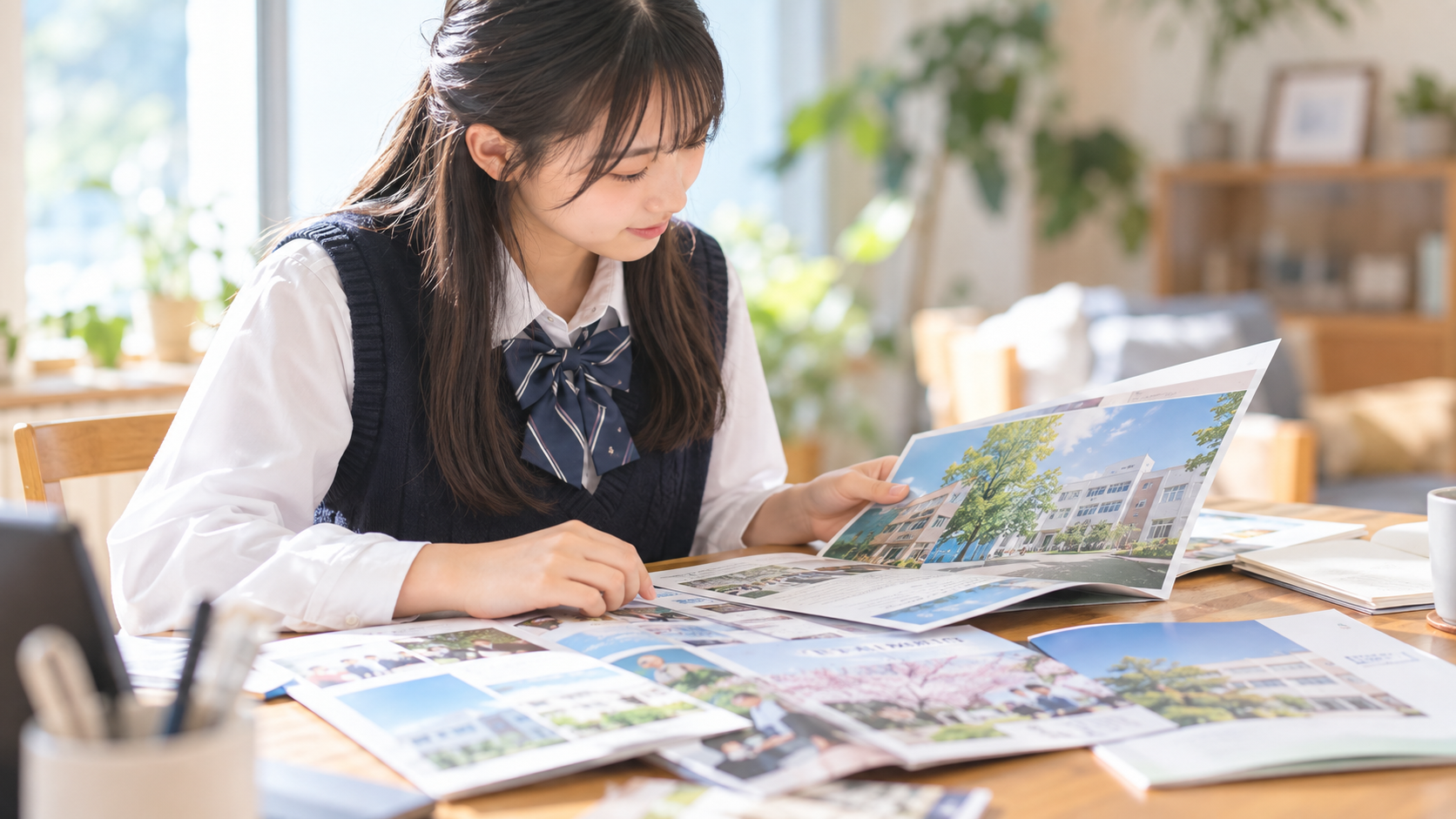 複数の学校のパンフレットを見比べる高校生