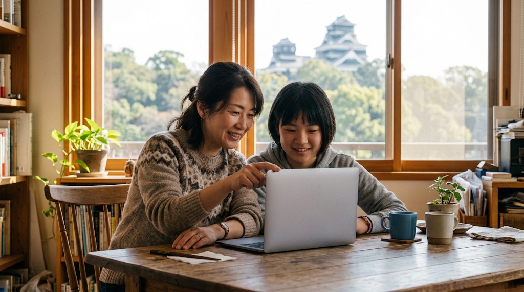 城と緑が見える部屋で、母親と中高生の子どもが並んでノートパソコンを見ている
