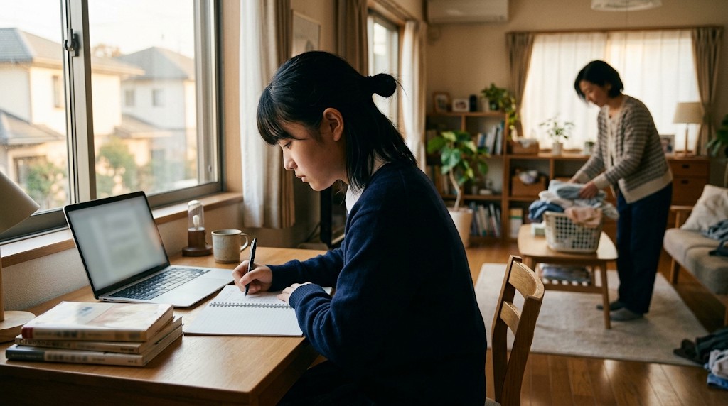 窓辺の机で高校生がノートに書き込み、奥で保護者が洗濯物をたたんでいる