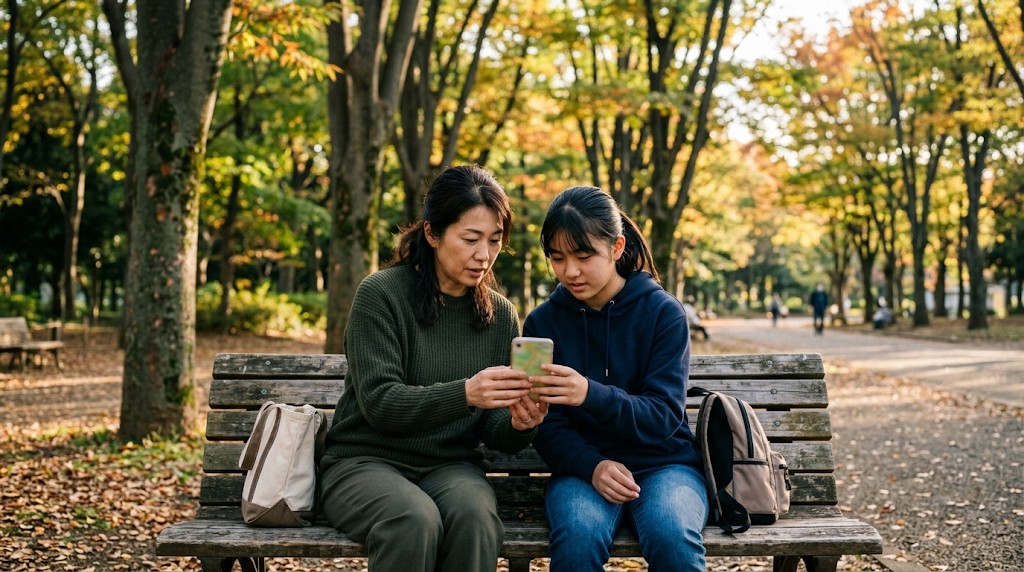 公園のベンチで、母親と高校生の娘が並んでスマートフォンの地図を見ている