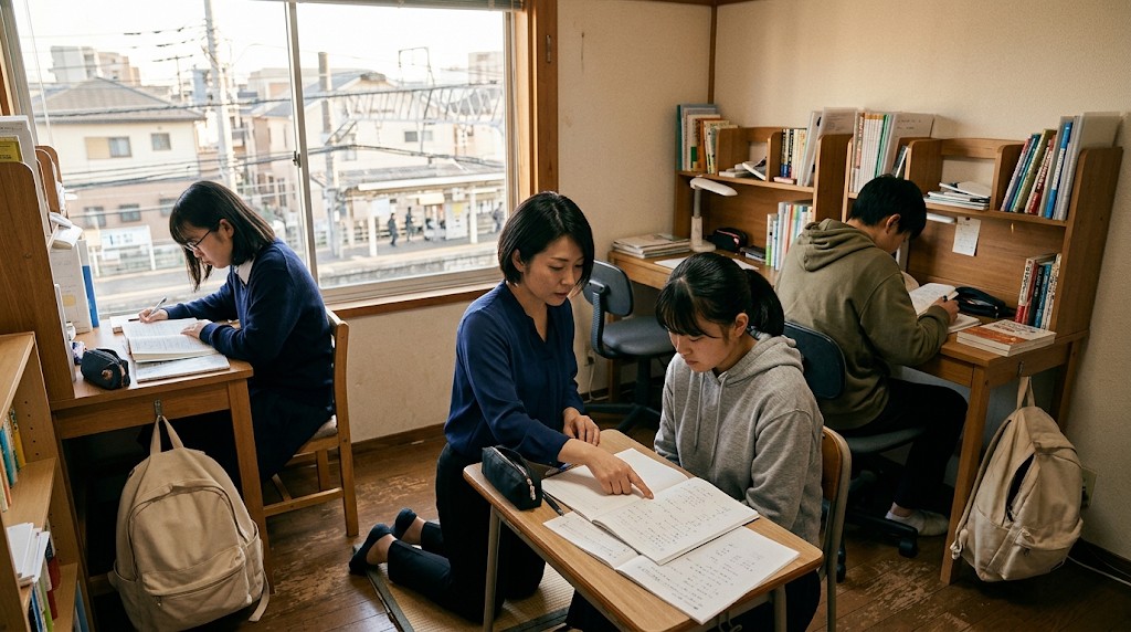 駅近くの小さな学習スペースで、高校生たちが机に向かい、先生が一人のノートを指さしている