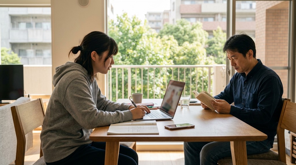 団地の部屋のダイニングで、高校生がノートパソコンでオンライン授業を受け、同じテーブルで父親が本を読んでいる