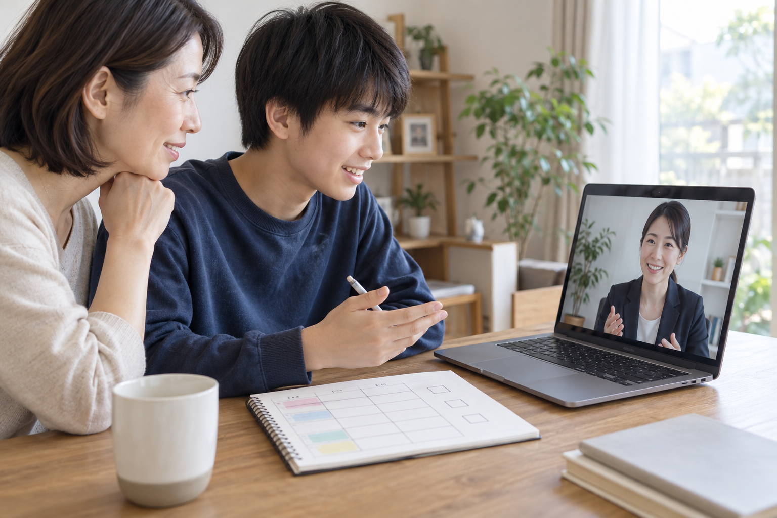 内申点と通い方についてオンラインで学校へ相談する中学生と保護者