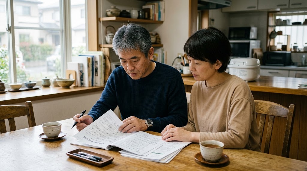 保護者2人が明るいキッチンのテーブルで学校資料を並べて確認している