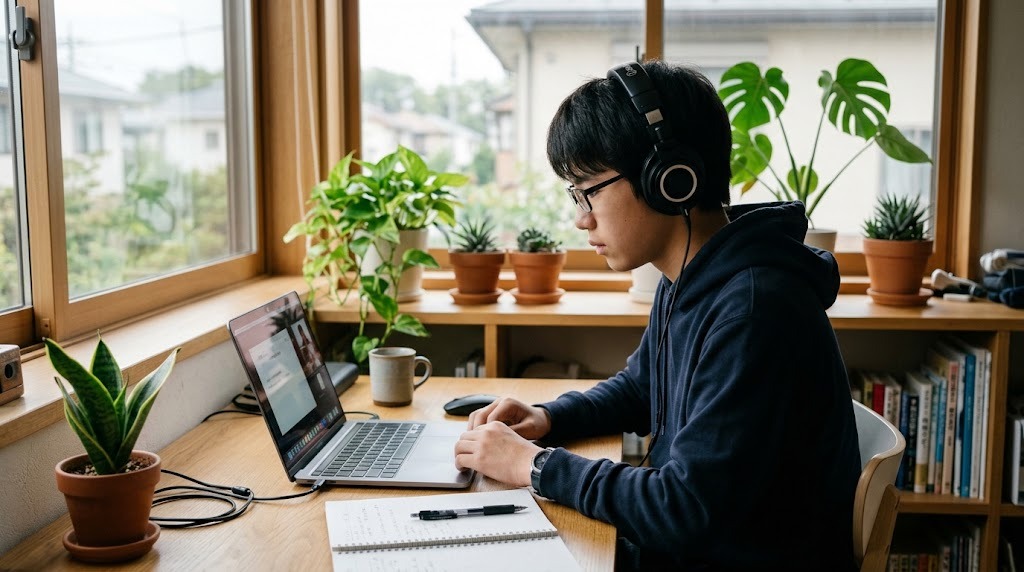 ヘッドホンをつけて自宅の机でオンライン授業を受ける中高生