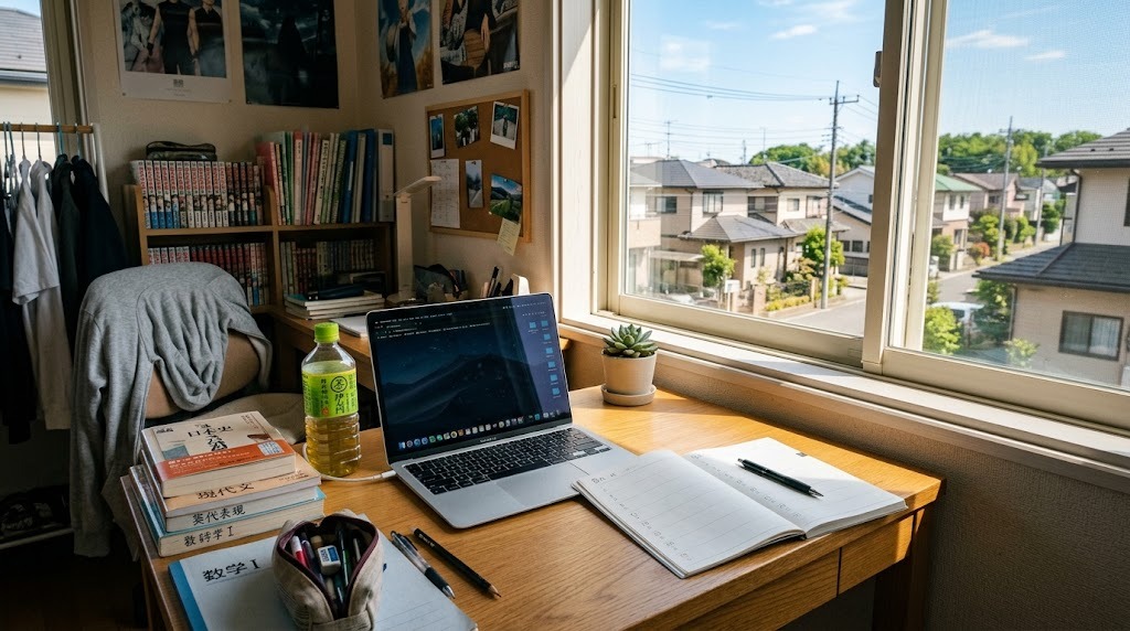 午後の光が差し込む自室。机の上に開いたノートパソコンと白紙のスケジュール帳が置かれている