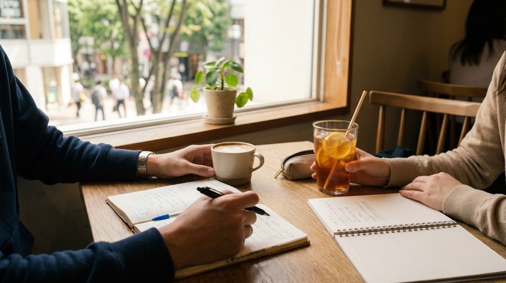 カフェの窓辺席で、私服の若者二人が向かい合って話している手元とテーブル