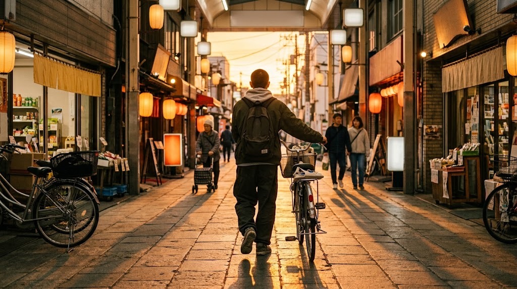 夕暮れの商店街を、自転車を押して歩く若者の後ろ姿