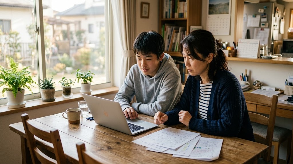 明るいダイニングで保護者と高校生が並んで座り、ノートパソコンと書類を一緒に見ている様子