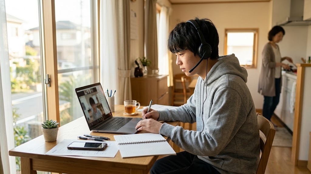 自宅の机でヘッドセットをつけてオンライン授業を受ける高校生と、背景にいる家族