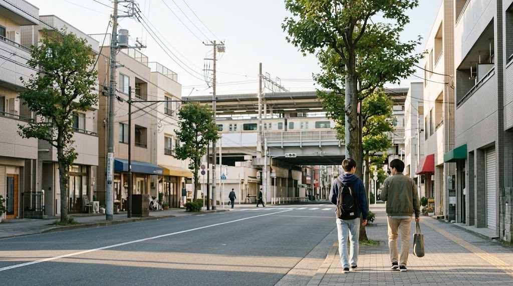 関東の郊外の駅前の道を、私服の10代2人が並んで歩いている後ろ姿