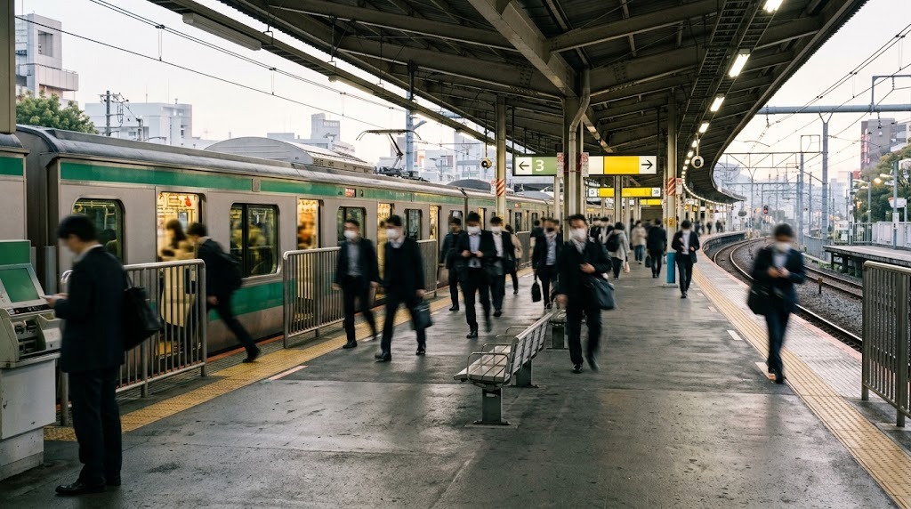 朝の東京の駅のホーム。遠くに通勤する人の姿がぼやけて見える