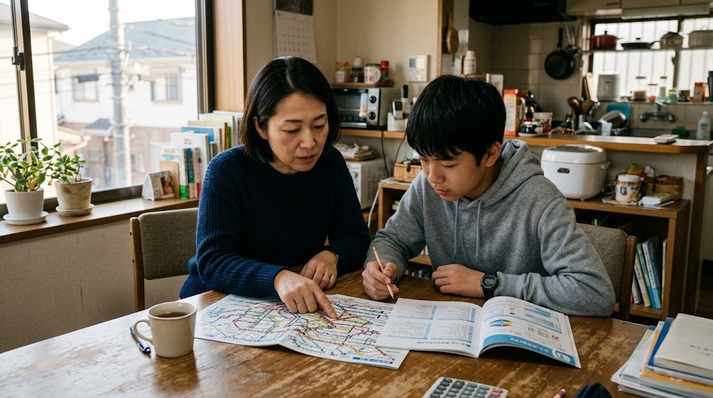 東京の住まいのダイニングで、保護者と高校生が学校資料と路線図を並べて見ている