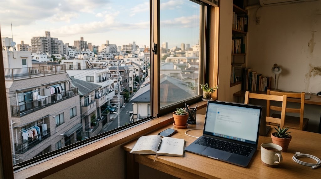 東京の部屋の窓辺の机。ノートパソコンとノートが置かれ、外に街並みが見える