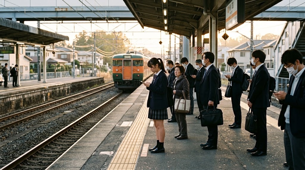 朝の地方路線のホームで、通勤客に混じって電車を待つ制服の高校生