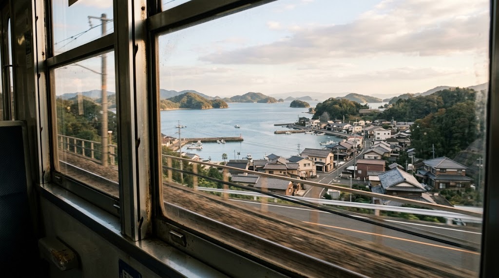 走る電車の窓から見えた、海沿いの町と島々の風景