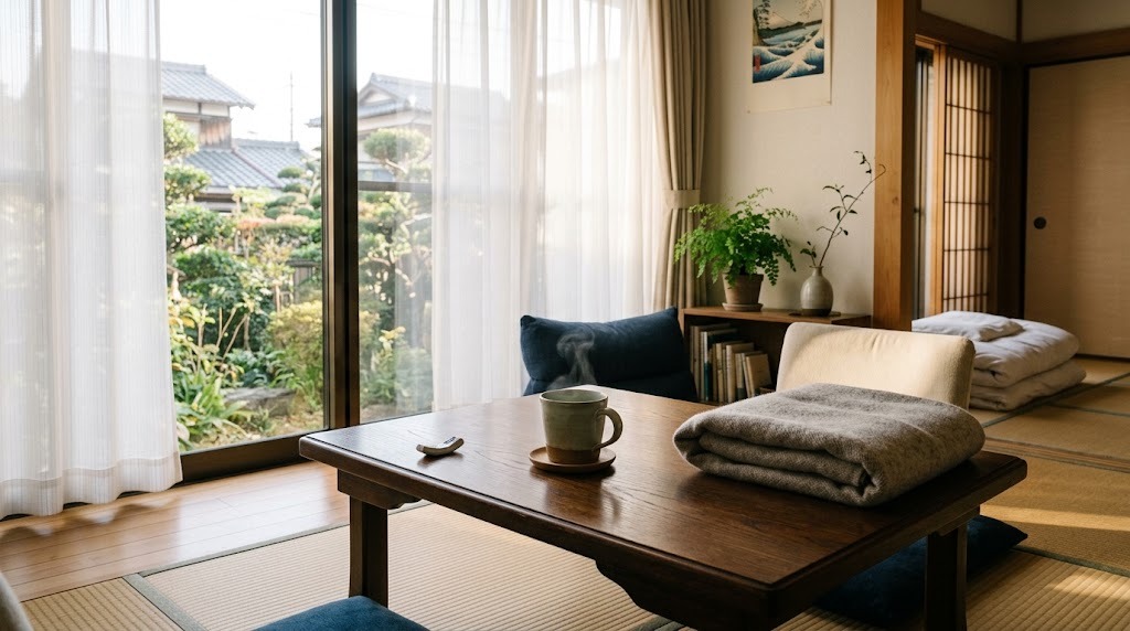 朝の光が差し込むリビング。テーブルに温かい飲み物とたたんだブランケットが置かれている