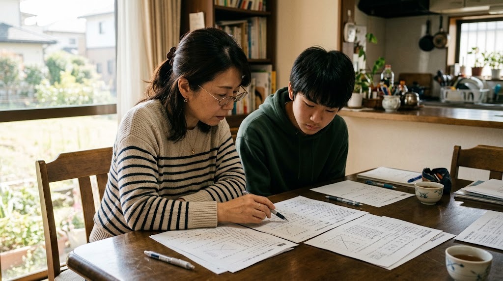 母親と高校生が並んでダイニングテーブルに座り、書類を一緒に見ている