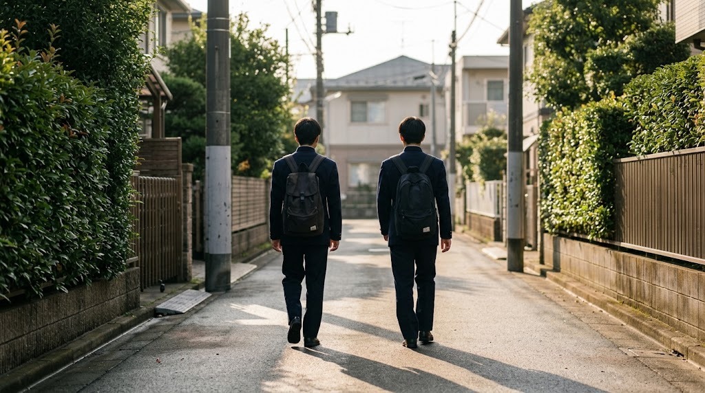 9月の朝の住宅街を、制服姿の高校生2人が並んで学校へ向かって歩いている後ろ姿