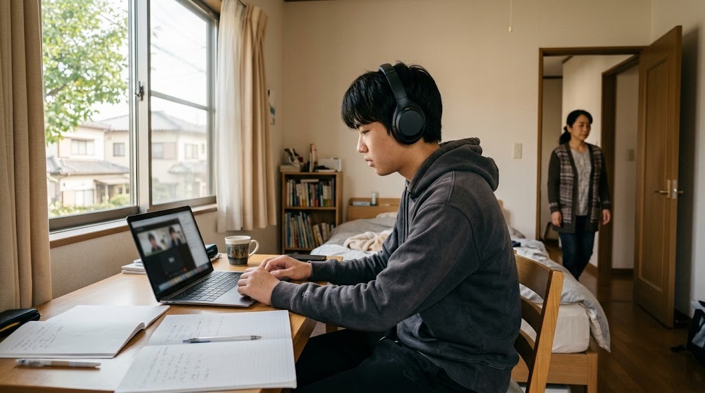 自宅の部屋の机でヘッドホンをつけてノートパソコンのオンライン授業を受ける高校生と、廊下に見える家族