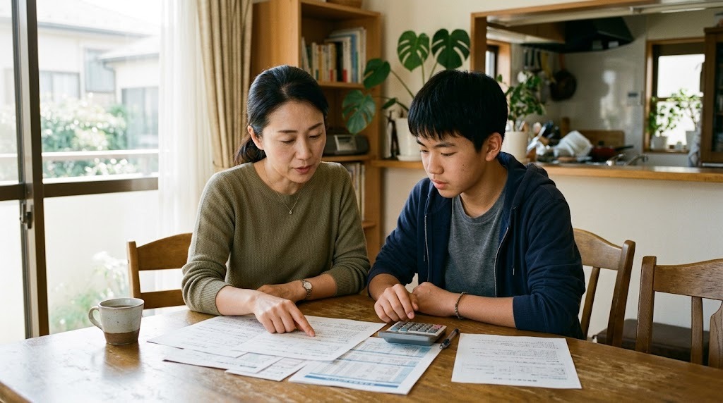 明るいダイニングテーブルで、保護者と高校生が並んで座り、学費の書類と電卓を一緒に見ている様子