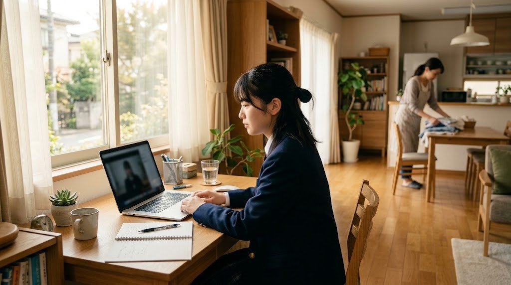 自宅のダイニングでノートパソコンを開いてオンライン授業を受ける高校生と、奥のキッチンにいる家族