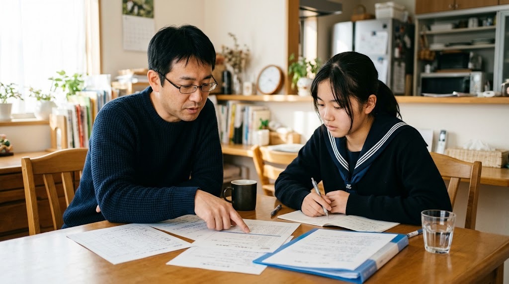 自宅のテーブルで高校生と保護者が学校からの書類を並べて確認している様子