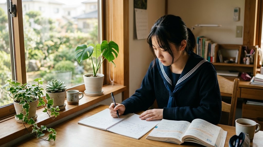 窓際の机でノートを開いて勉強を再開しようとしている高校生