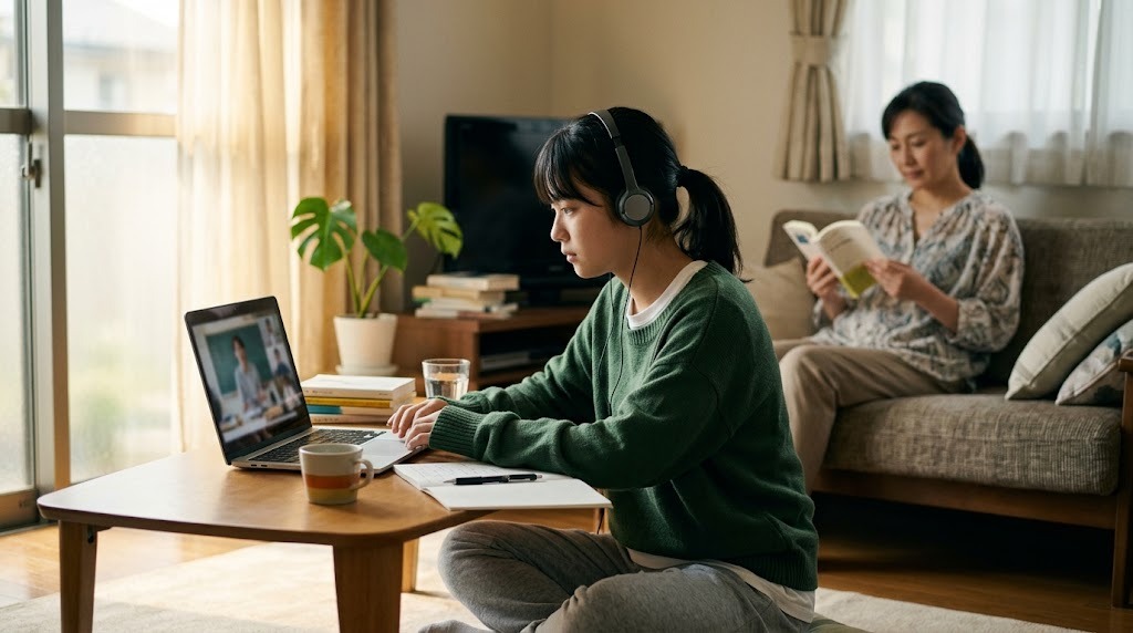 自宅でノートパソコンを開いてオンラインの授業を受けている高校生と、背景にいる家族