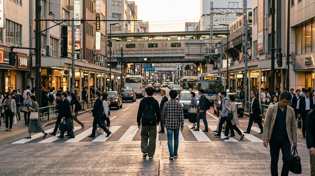 夕方の東京の駅前を歩く人々と、私服の10代2人の後ろ姿。池袋エリアで通信制高校を探す高校生のイメージ