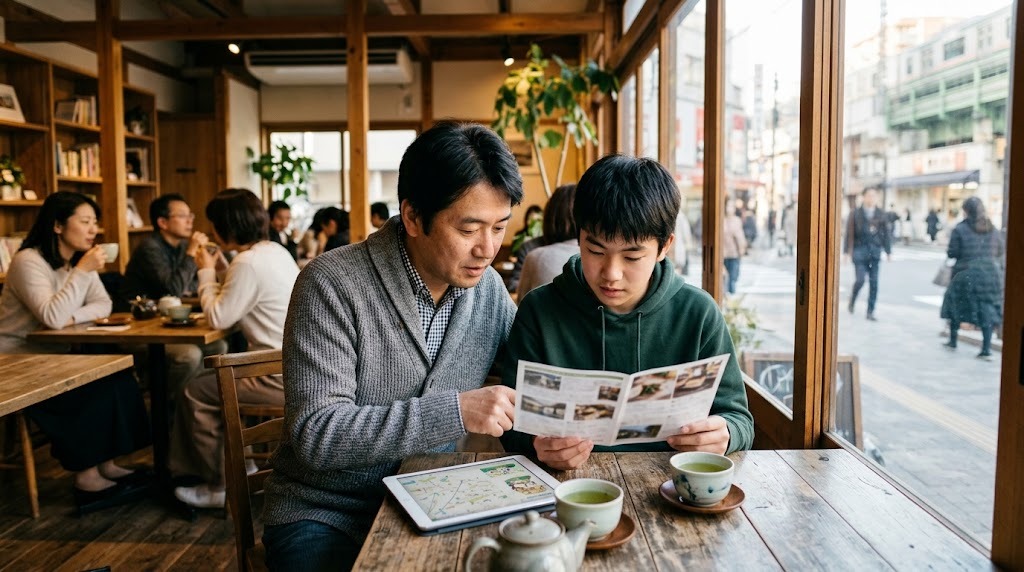 街のカフェで保護者と高校生が並んで座り、タブレットとパンフレットを一緒に見ている様子