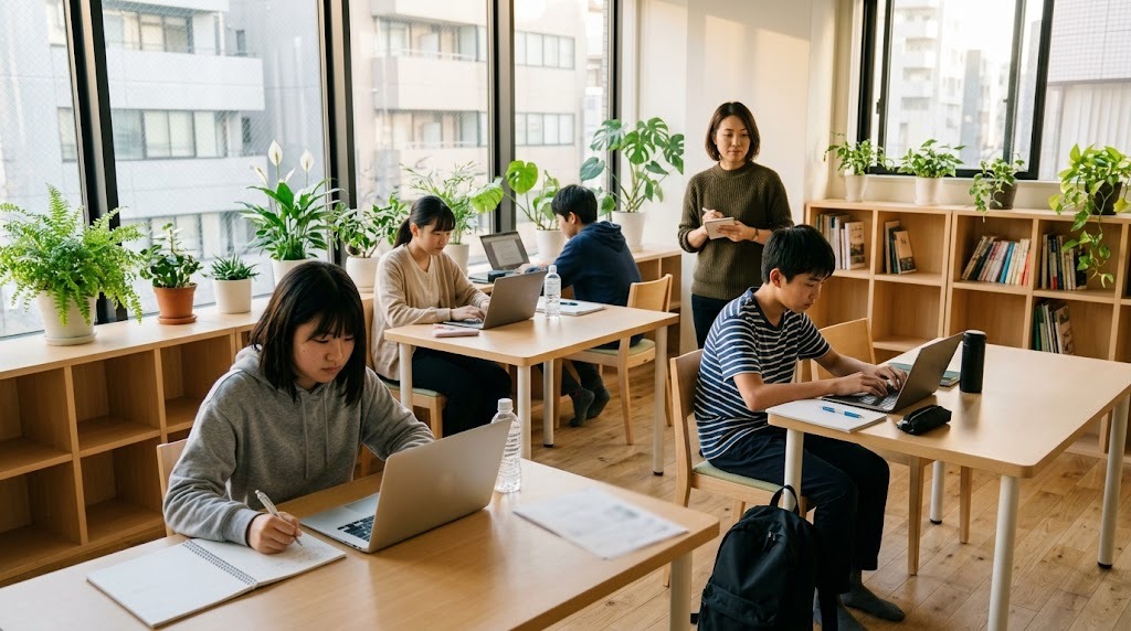 明るい学習スペースで数人の10代がそれぞれの机で学び、スタッフが見守っている様子