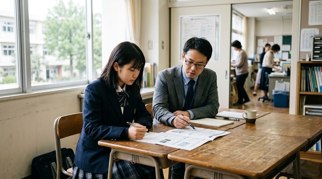 明るい学校の相談室で、高校生と先生が並んで座り、手元の書類を一緒に見ている様子