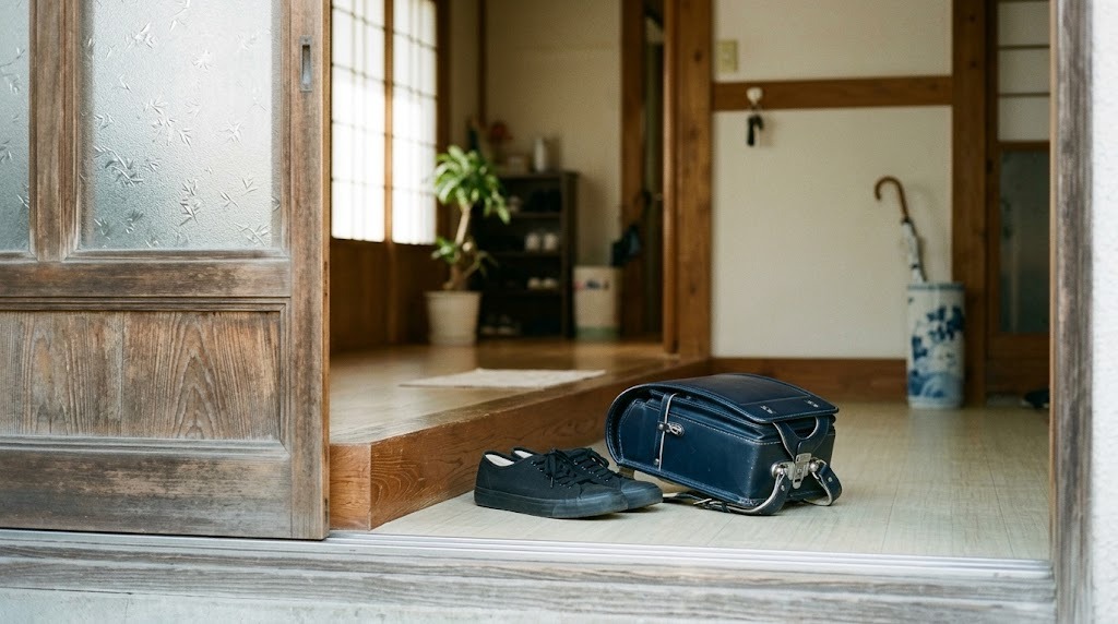 朝の玄関に置かれた通学用の靴とかばん