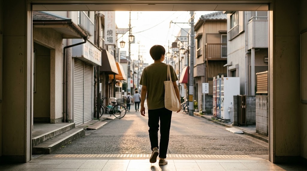 駅を出て歩き出す若い人の後ろ姿