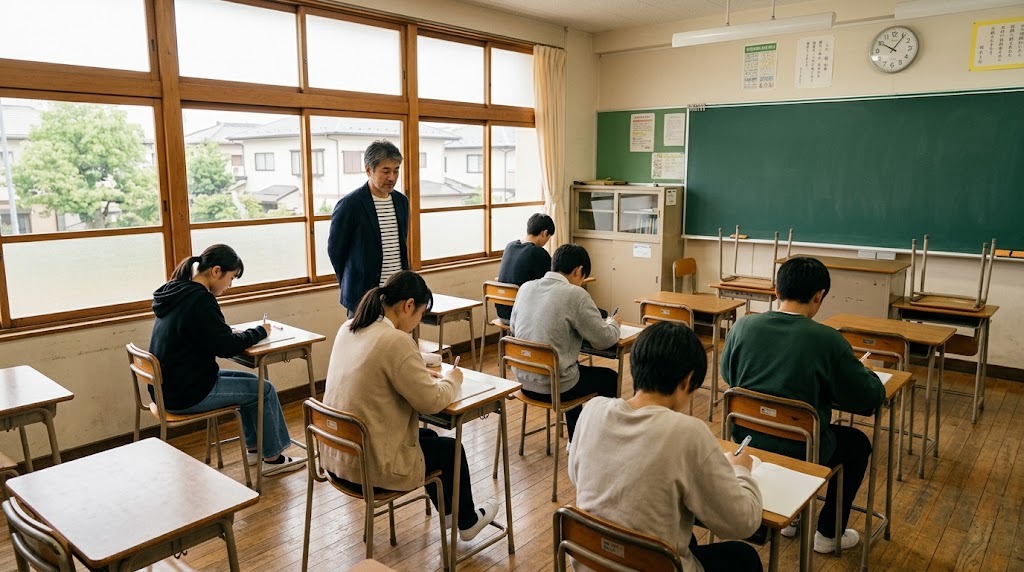 日曜の明るい教室で、数人の生徒がそれぞれの机でレポートを書き、教員が横で見守っているスクーリングの様子