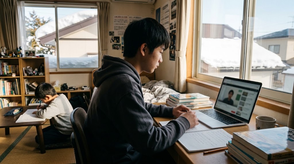 雪の屋根が見える明るい部屋で、オンライン授業を受けながら勉強する高校生と、近くで宿題をするきょうだい