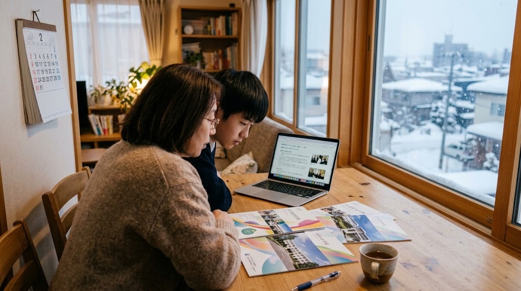 雪の夕方、ダイニングテーブルで保護者と高校生が並んで座り、学校のパンフレットとノートパソコンを一緒に見ている様子