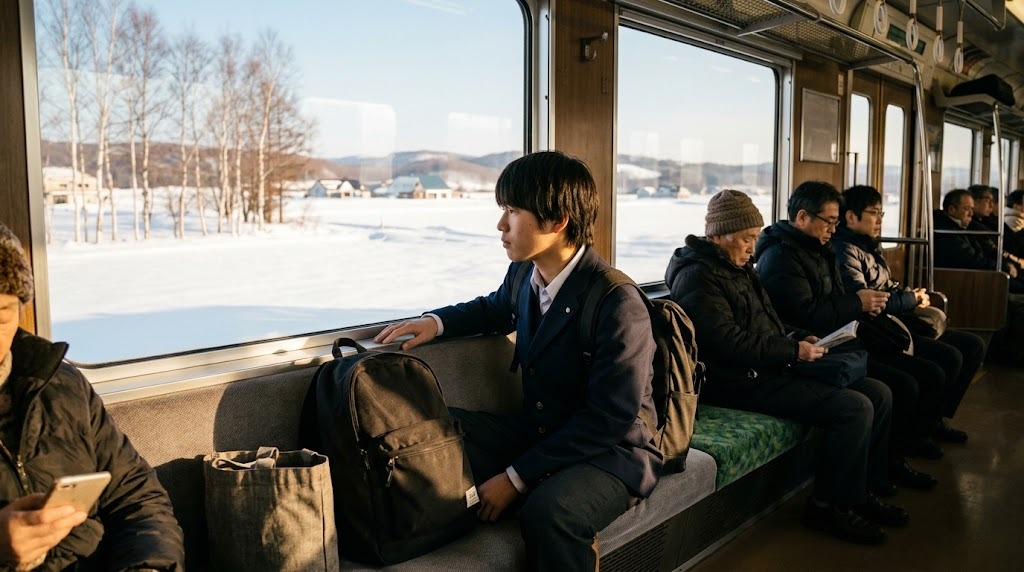 雪原の中を走るローカル線の車内で、リュックを持った高校生が窓の外を見ている様子