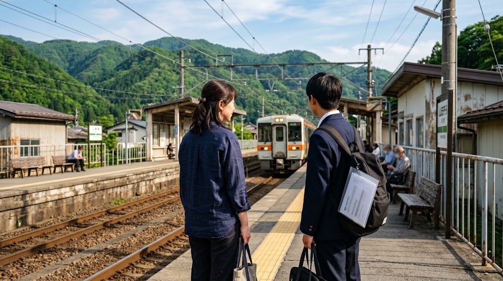 山あいの駅のホームで、スクーリングに向かう電車を並んで待つ保護者と高校生の後ろ姿