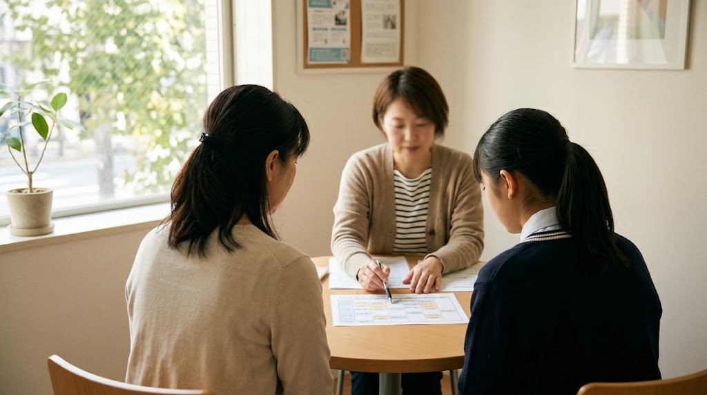明るい相談室の丸テーブルで、職員から予定表の説明を受ける保護者と高校生